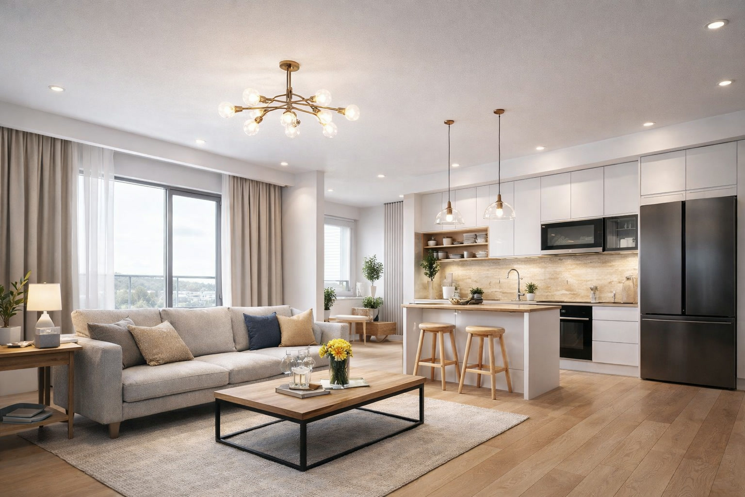 Valminud korteri siseviimistlus heledas elutoas